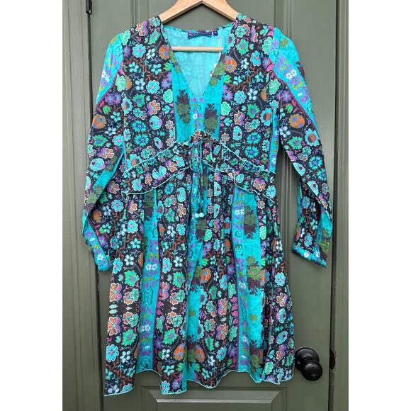 Ro's Garden Dresses & Skirts - NWT Ro's Garden Jerez Long Sleeve Floral Mini Boho Dress Yeshi Aqua Teal XS